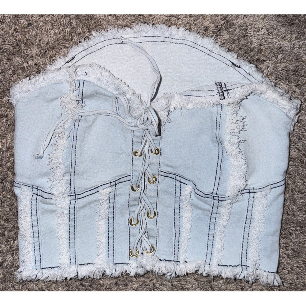 Y2K Denim Corset Top Womens XL 13 Lace Up Strapless Frayed Distressed Bustier
